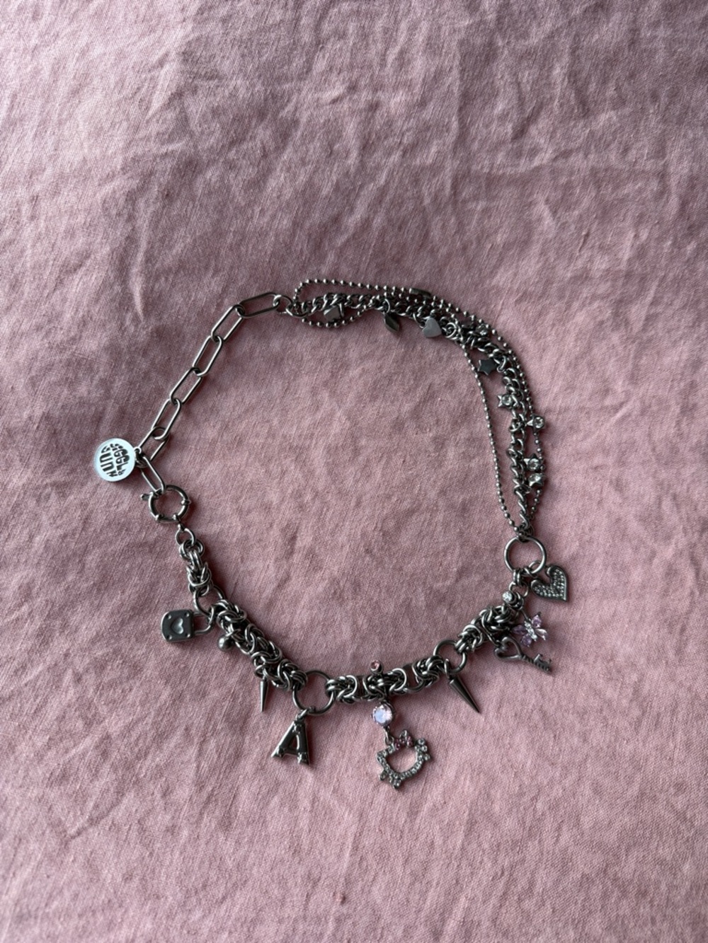 Silver-Tone Charm Necklace Choker with Pink Crystal Accent